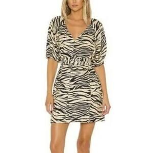 Nicholas Zebra Print Mini Linen Dress Cream Black V-Neck Women's Size 6/Med